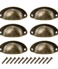 Six Pack Copper Shell Drawer Pulls Vintage Cup Style Furniture Hardware Solid Metal Cabinet Handles For Kitchen Refresh Home Makeover Upgrade That Really Hits Different displayed on white background with screws.