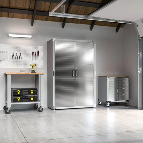 Lockable Solid Steel Storage Cabinet With Adjustable Shelves For Garage Warehouse Office And Classroom 48 W X 24 D X 72 H Built Tough For Everyday Use With Stainless Doors. Installed in a garage.