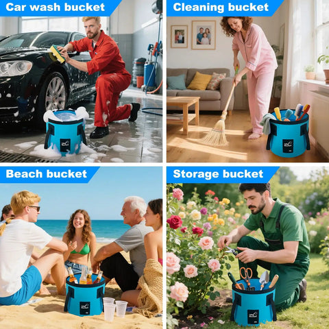 Man using 5 Gallon Collapsible Bucket With Handle For Camping Car Wash Beach Gardening RV Laundry And Emergency Prep, showing versatility in various settings.