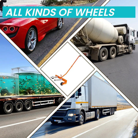 Built To Last Heavy Duty Adjustable Tire Wheel Dolly Moves 440 Lbs With Alloy Steel Frame Swivels 360 Degrees Smooth As Silk Across Your Garage Floor Perfect Workhorse For Auto Shops And Tire Changing Projects Orange Model shown with various vehicles.