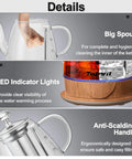 Glass Electric Kettle With Removable Stainless Steel Infuser 1 Liter Dual Purpose For Tea Coffee And Hot Water Auto Shut Off Boil Dry Protection BPA Free Easy Pour Design with big spout, LED lights, and anti-scalding handle, close-up view.