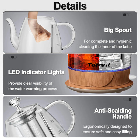 Glass Electric Kettle With Removable Stainless Steel Infuser 1 Liter Dual Purpose For Tea Coffee And Hot Water Auto Shut Off Boil Dry Protection BPA Free Easy Pour Design with big spout, LED lights, and anti-scalding handle, close-up view.