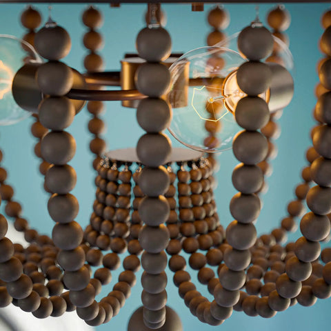 Close-up of Boho Beaded Flush Mount Light 3 Light Ceiling Fixture With Gray Wood Beads And Golden Bronze Finish 16 Inch Diameter