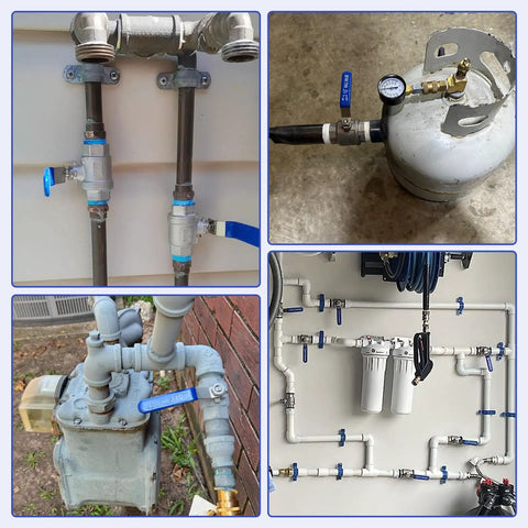 Two Pack 2 Inch Full Port Ball Valve 304 Stainless Steel NPT Female Heavy Duty Shut Off Valve For Water Oil And Gas Systems With Blue Locking Handles 1000 WOG installed on various pipelines.