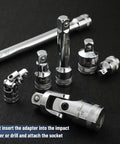 Socket Accessory Kit Ten Piece Chrome Vanadium Extension And Universal Joint Set With One Quarter, Three Eighths, And One Half Inch Drive Adapters, And Three Eighths Inch Extension, Silver Finish For Real World Heavy Duty Tool Work, displayed on black background
