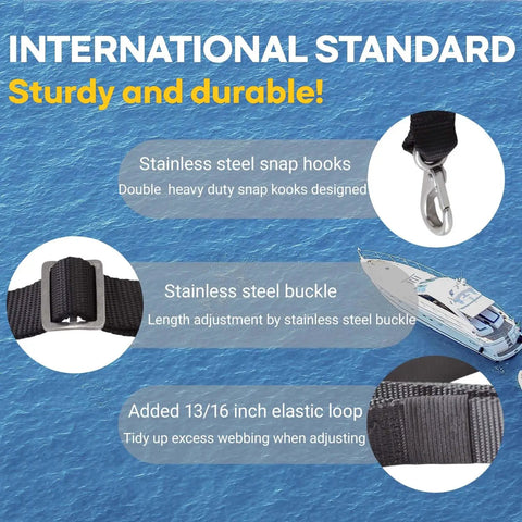 Adjustable Black Bimini Top Straps Set For Boats, showing stainless steel snap hooks and buckles on marine nylon webbing.