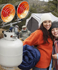 Infrared Propane Heater With Dual Burners For Outdoors, 30,000 BTU Outdoor Patio Heater, camping scene with happy campers