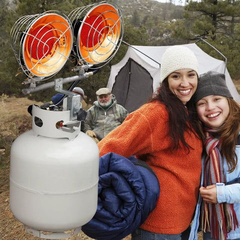 Infrared Propane Heater With Dual Burners For Outdoors, 30,000 BTU Outdoor Patio Heater, camping scene with happy campers