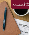Super Smooth Hybrid Ink Ballpoint Pens with Black 0.7 Mm Fine Point Tips Pack of 3 on a leather notebook beside coffee.
