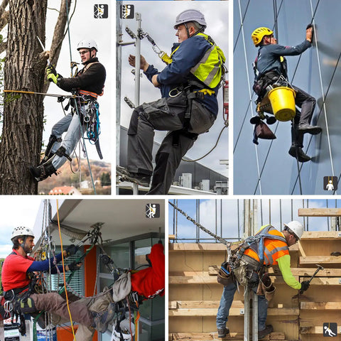 Workers using fall protection safety harness with four quick buckles, full body construction harness, adjustable six point D ring system.