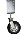Rock Solid 8 Inch Flat Free Gate Wheel With Spring Loaded Suspension Components shown from the side, featuring sturdy mounting bracket.