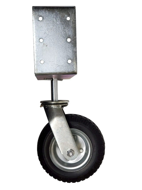 Rock Solid 8 Inch Flat Free Gate Wheel With Spring Loaded Suspension Components shown from the side, featuring sturdy mounting bracket.