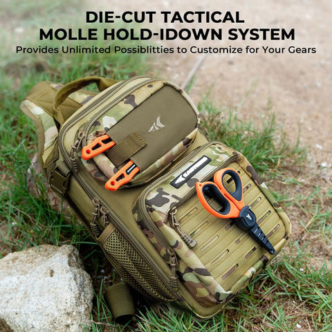 BlowBak Tactical Sling Tackle Bag Lightweight Fishing Backpack with tools, khaki camo color, Versatile Gear Organizer in grass.