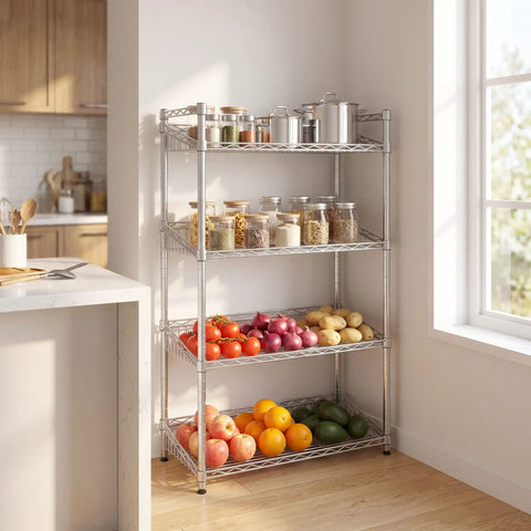 Rock Solid 4 Tier Adjustable Wire Storage Rack Heavy Duty Steel Industrial Shelving with fruits and jars for kitchen storage.