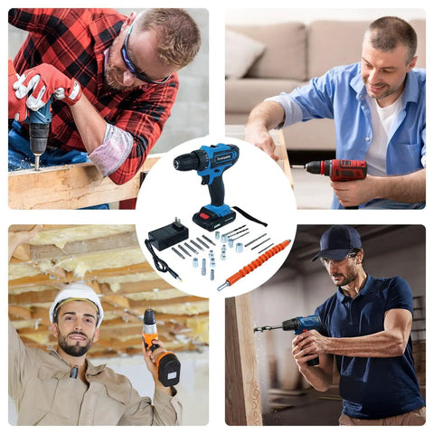 Image of The 21V Cordless Power Drill Kit Is A Solid Heavy Lifter Featuring Brushless Motor 2 Speed Settings For Hassle Free Metal And Concrete Jobs Powered By A Rechargeable Battery That Handles Everything with artisans using drills.
