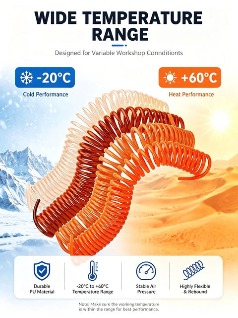 Premium Heavy Duty Shop Grade Self Retracting PU Coiled Air Hose For Air Compressors showcasing wide temperature range from -20°C to +60°C.