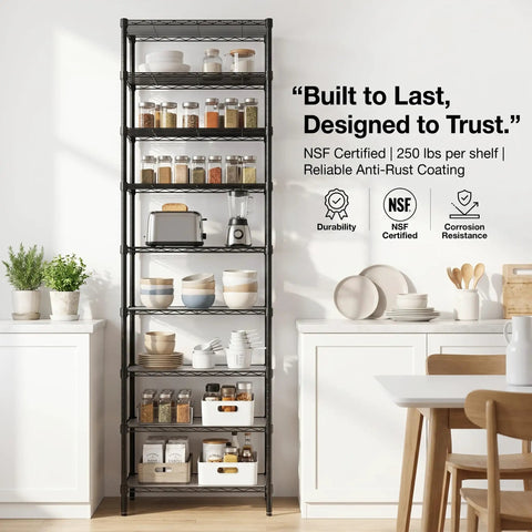 Level Up Your Home Organization Game With This Adjustable 9 Tier Steel Wire Shelving Rack, 81 Inch Tall Heavy Duty Extra Large Capacity Storage Unit, Black showcasing kitchen storage.
