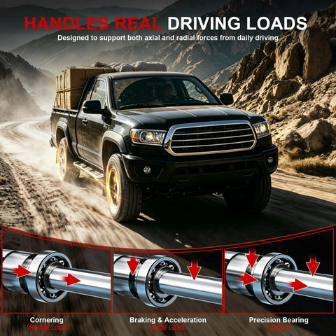 Heavy Duty Front Wheel Bearing And Hub Assembly Featuring A Bulletproof 5 Lug Design Oem 513257, truck driving on rugged terrain, showing bearing support.