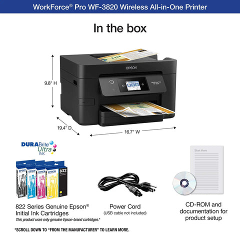 Image of Workforce Pro WF-3820 Wireless All-in-One Printer with box contents including ink, power cord, and CD-ROM.