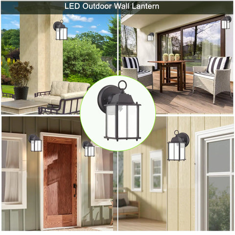 Solid Outdoor Led Wall Lantern Two Pack Porch Light With Rugged Aluminum Housing And Tempered Glass For Wet Locations Featuring Dimmable Eight Hundred Lumens And Three Thousand Kelvin Warm Tone To Straight Up Polish Your Front Entry mounted by front door and patio, showcasing aluminum frame and glass design.
