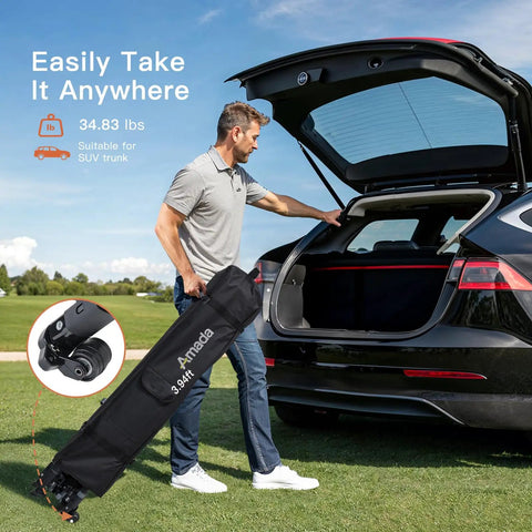 Man loading 10x10 Pop Up Canopy With Center Lock One Push Instant Setup And No Fuss Wheeled Outdoor Gazebo into car trunk.
