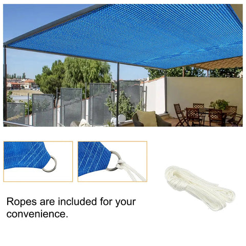 Blue Sun Shade Sail 3 Ft By 7 Ft Straight Edge With Grommets installed over patio, ropes, and D rings visible