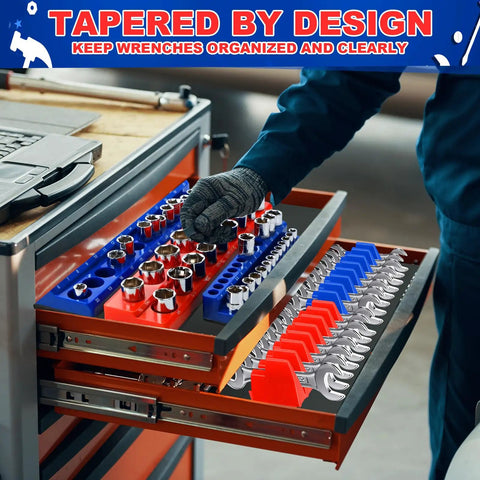 Magnetic Socket And Wrench Organizer Set For Tool Box Drawer, Six Magnetic Racks Hold Twenty Wrenches And Sockets organized in tool drawers