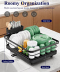 Compact Dish Drying Rack For Kitchen Counter Black Space Saving Drainer Holds 10 Plates And Bowls with multi-section layout for dishware organization.