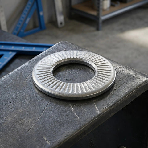Tough As Nails M6 Conical Spring Washers 40 Pack 304 Stainless Steel Anti Rotation Knurled Lock Washers on a workbench.