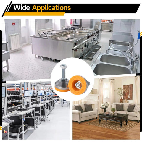 Image of wide applications for Beefy 4 Pack Adjustable Leveling Feet With Base M12 Thread Chrome Plated Carbon Steel 1300 Lbs Per Foot Capacity For Workbenches Machines And Cabinets Anti Slip Base For Uneven Surfaces