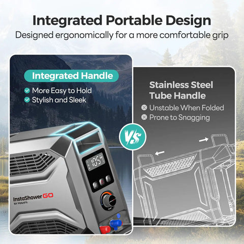 Comparison of InstaShower GO Pro Portable Propane Hot Shower System with integrated handle vs stainless steel tube handle.