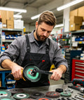 Heavy Duty Multi Function Angle Grinder Wrench And Flange Nut Adjuster For Quick Disc Swaps Sander Grip used by technician in workshop.