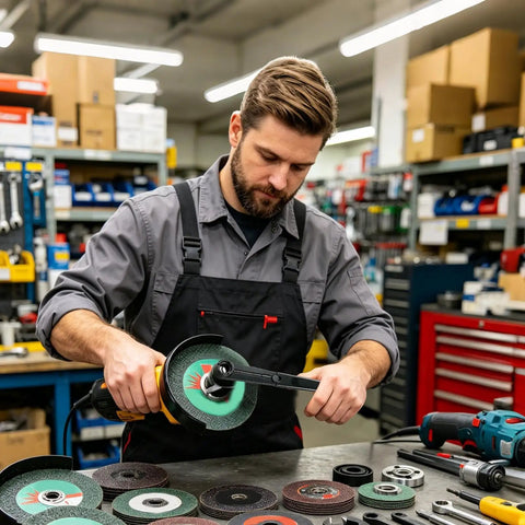 Heavy Duty Multi Function Angle Grinder Wrench And Flange Nut Adjuster For Quick Disc Swaps Sander Grip used by technician in workshop.