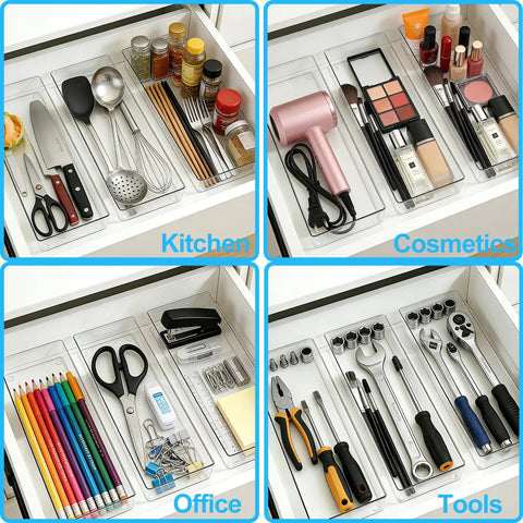 4 Pack 15x6 Inch Extra Large Clear Plastic Drawer Organizer Trays For Vanity Makeup Kitchen Utensils Bathroom Office Desk Auto Tools And Craft Supplies Ultra Handy Multi Purpose Storage Bins showcasing their use in various drawers