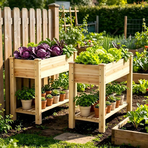 Raised Wood Planter Box On Legs With Storage Shelf For Vegetables Flowers And Herbs Outdoor Garden Bed In a Backyard