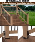 Installed railing featuring Four Pairs 35 Degree Stair Angle Deck Railing Connectors Made From 201 Stainless Steel Brackets Fits 2x4 Railing And Wood Posts For Easy Handrail Installation, close-up view of connectors and wood posts.