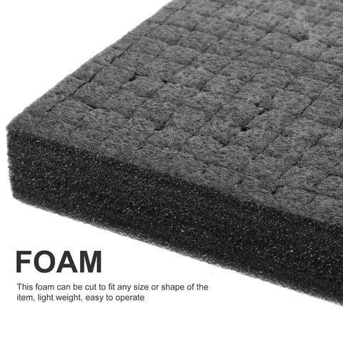 Close-up of Custom Cut Black Packing Foam Insert Pad Rock Solid Cushion Block for shipping gear protection.