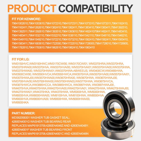 Tough As Nails Front Load Washer Bearing And Seal Kit For LG And Kenmore Tubs product compatibility list with steel bearing details