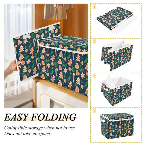 Foldable Storage Bin With Flip Top Lid And Reinforced Handles For Bedroom Closet with festive design showcasing easy folding and storage.