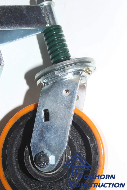 Close-up of Heavy Duty 6X2 Inch Gate Caster With Spring Suspension showcasing steel core and polyurethane tread for smooth rolling.
