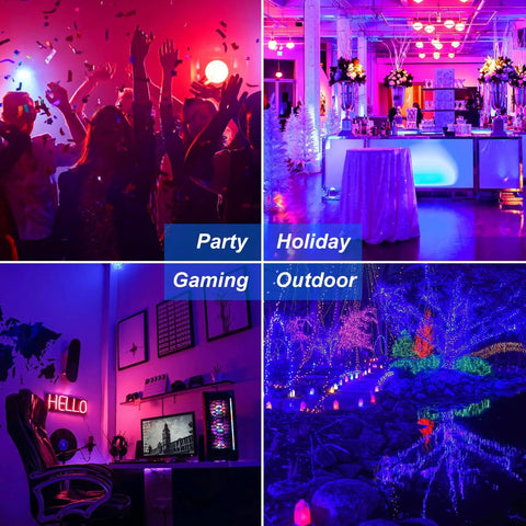 Kickass 100W Smart RGB LED Flood Lights in vibrant party, holiday, gaming, and outdoor settings with dynamic colored lighting.