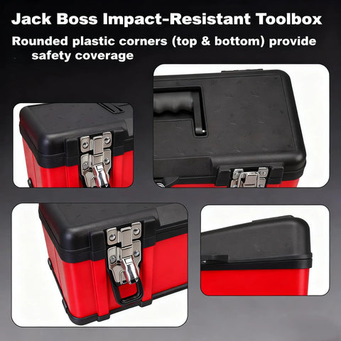Badass Portable Tool Organizer Case Featuring Heavy Duty Plastic Build removable storage tray and sure grip handle, showing rounded corners.