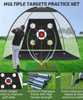 Man practicing with Backyard Golf Practice Net 10x7 Ft With Practice Mat in outdoor setting, featuring target pockets.