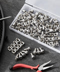 Top Notch M6 By 20mm Rack Mount Cage Nuts Screws And Washers Bundle For Server Cabinets Heavy Duty Fastener Kit in a clear storage box.