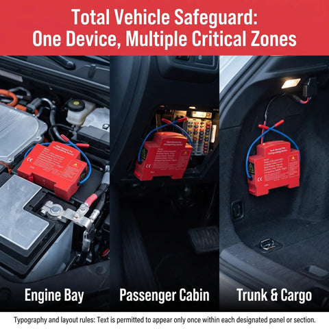 2 Pack Automatic Car Fire Extinguisher Aerosol Heat Activated Engine Defense Auto Trigger installed in engine bay and cabin.