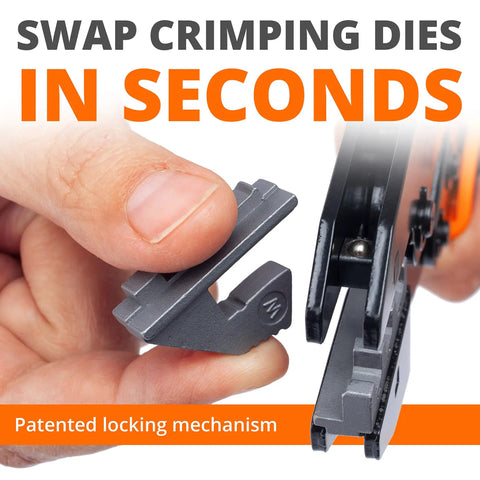 Close-up of hand swapping crimping dies on Pro Grade Crimping Tool Kit With Six Interchangeable Dies