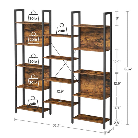 Five Tier Free Standing Bookshelf Built Tough With A Heavy Duty Steel Frame And Wide Wooden Shelves For Smart Storage And Laid Back Home Vibes That Is A Total Game Changer For Any Living Space, showcasing dimensions and weight capacity.