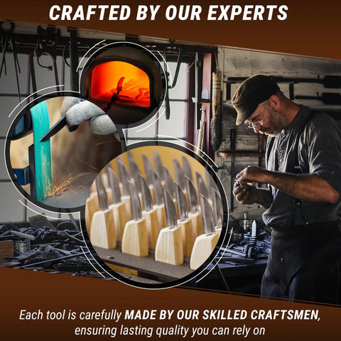 Image of skilled craftsman in workshop with Beginner Friendly Whittling Kit With Wood Carving Tools And Wood Blocks displayed.