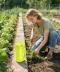 Woman gardening next to Adjustable Handheld Seed Shaker And Spreader For Fertilizer Grass Seed Ice Melt And Lawn Care Durable Plastic All Season Tool