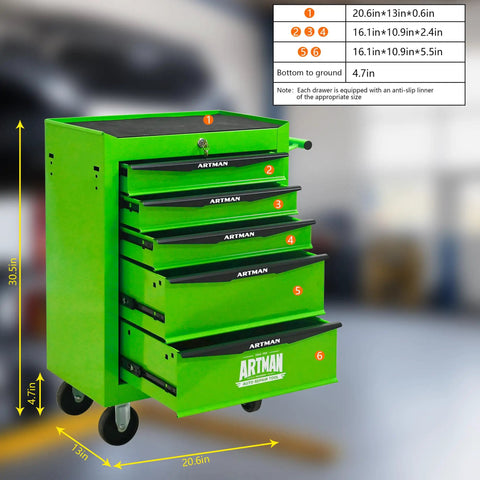 Heavy Duty Rolling Tool Cart Featuring Locking Casters and Smooth Ball Bearing Drawer Slides for Garage Organization or Mechanic Workshop Storage Slick Green Steel Build Hella Tough for Daily Jobs with five drawers and dimensions 20.6x13x30.5 inches.
